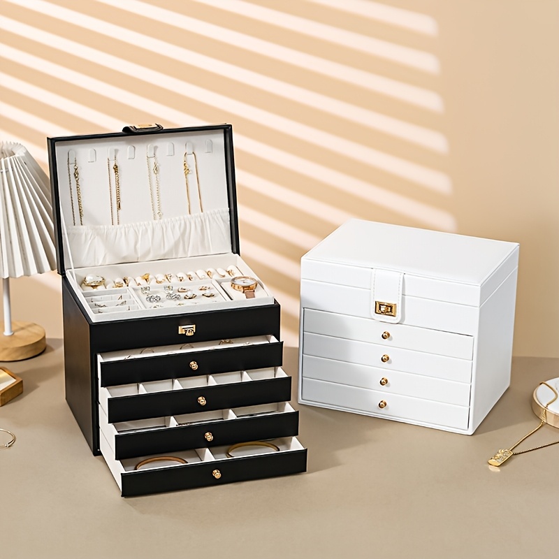 Elegant 5-Layer Beige and Black Jewelry Storage Box, Gift for Her